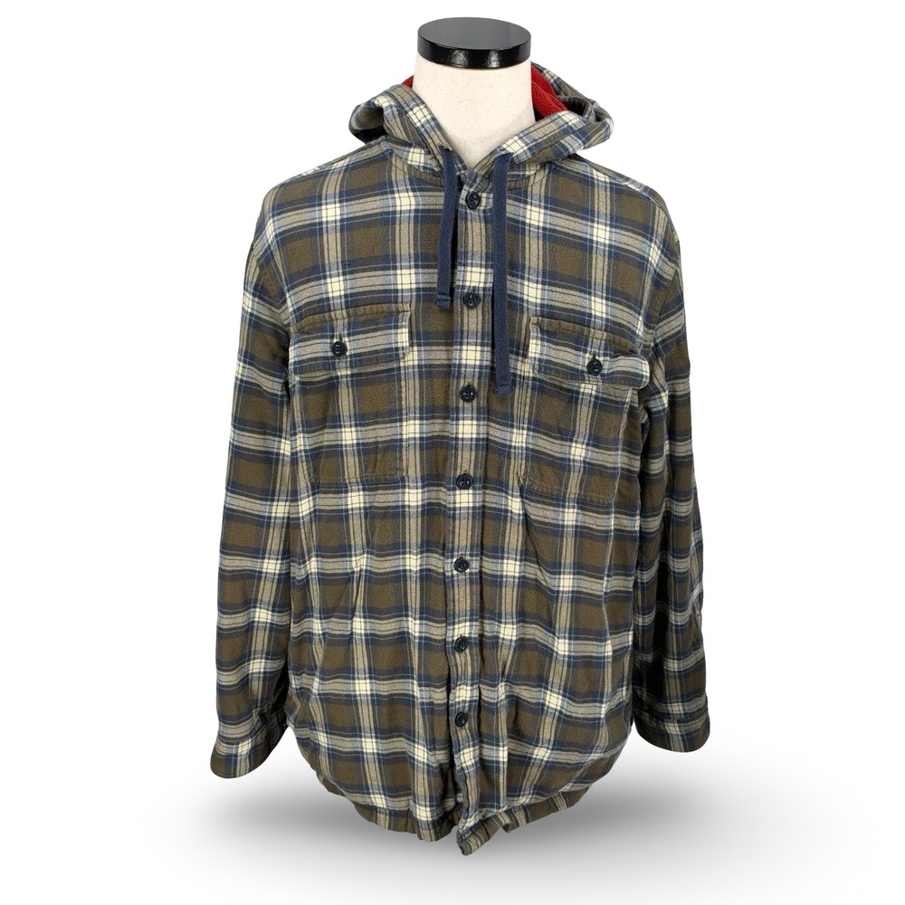 LL Bean Mens Large Traditional Fleece Lined Hooded Flannel Shirt Jacket Brown